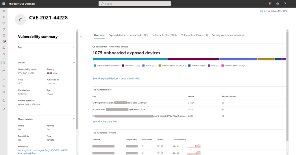Screenshot of consolidated vulnerability view for Log4j in Threat and Vulnerability Management