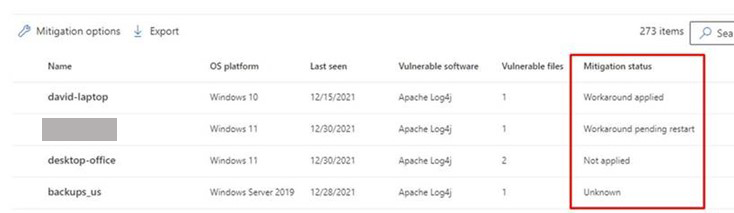 Screenshot of threat and vulnerability management showing mitigation status
