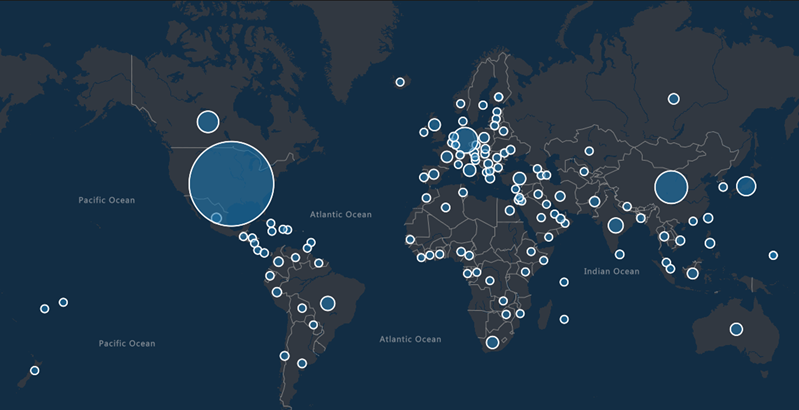 World map with circles of varying sizes located in several countries regions to indicate the threat's impact.