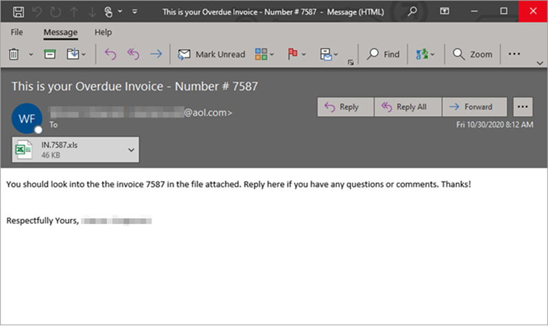 Screenshot of an invoice-themed email message with an XLS file attachment.