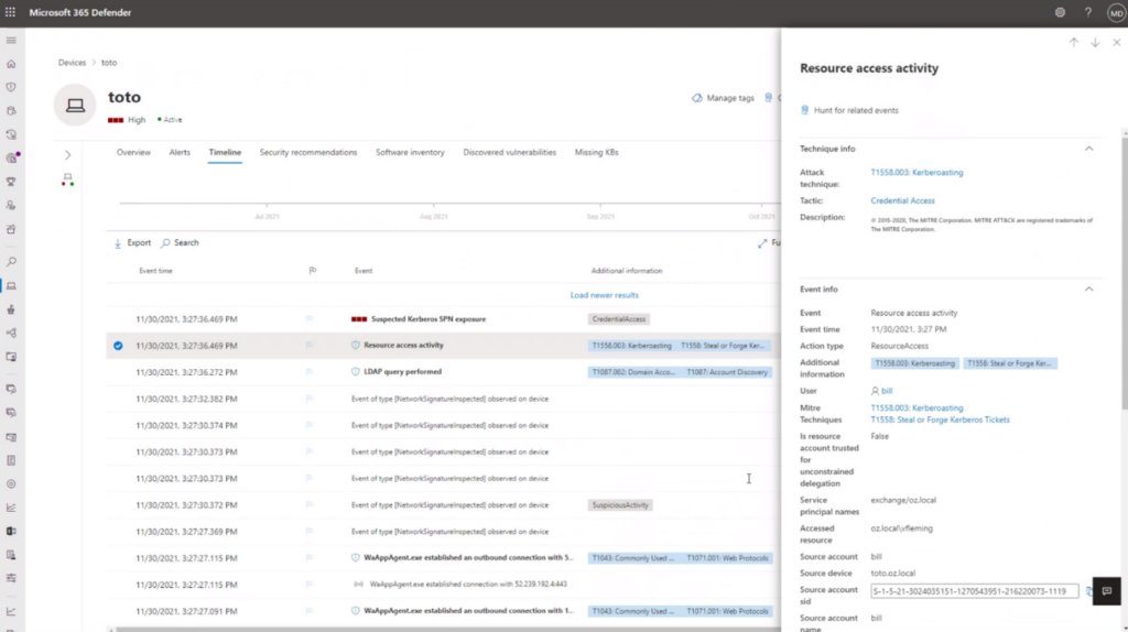 Screenshot of Microsoft 365 Defender detecting a suspicious resource access activity.