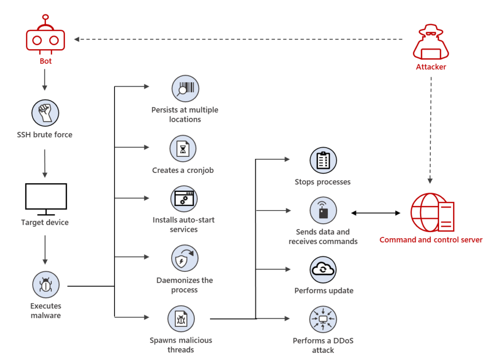 A diagram depicting a typical attack flow for XorDdos malware. The attacker communicates with a bot to SSH brute force a target device and download XorDdos. The malware then performs several techniques for evasion and persistence before connecting with the attacker's C2 server to send data and receive commands.