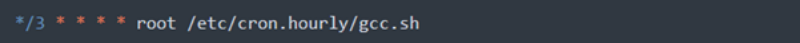 Screenshot of a command that reads :*/3 * * * * root /etc/cron.hourly/gcc.sh"