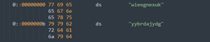 Screenshot displaying the end of the malware file containing two random strings, ‘wieegnexuk’ and ‘yybrdajydg,’ indicating that the original malware binary was modified twice