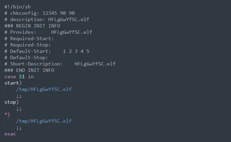 Screenshot of the content of the init script dropped at the location /etc/init.d/HFLgGwYfSC.elf.