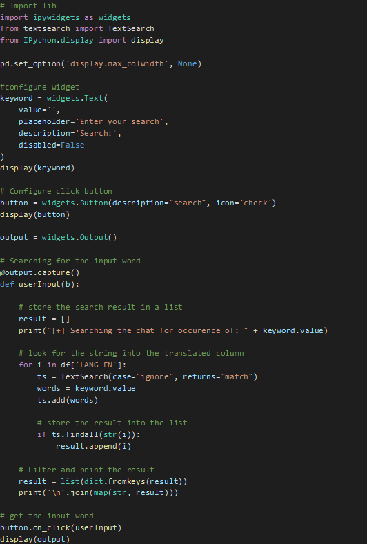 A screenshot of Python code that creates a search engine using the TextSearch library from Github. The code presents configuration options for the search engine widget and filters for search results.