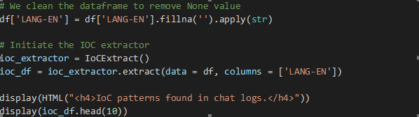 A screenshot of Python code that prepares the dataframe for IOC extraction. It presents code to remove "None" value from the dataframe, as well as to initiate the IOC extractor.