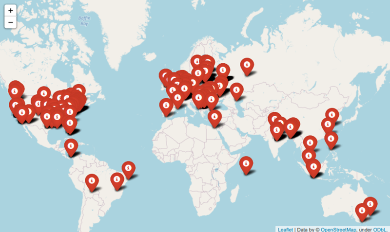 A world map with the geolocation of all IPs extracted from the Conti leaks marked with red pins. The image shows that the location of IPs are concentrated in Europe and the US.