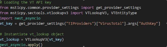 A screenshot of Python code that initiates the VirusTotal module in MSTICPy.