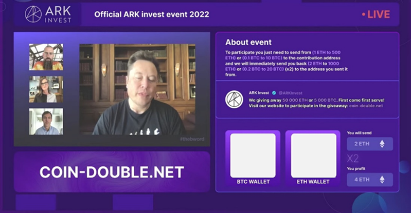 Screen capture of an online video promoting a website and QR codes (redacted) that point to Bitcoin and Ethereum wallets.