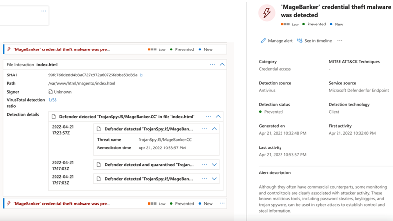 Microsoft Defender of Endpoint UI showing the following alert:
'MageBanker' credential theft malware was detected
