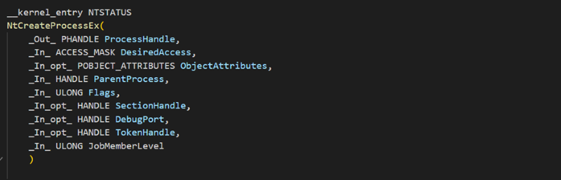 Screenshot of code of the function signature of the syscall NtCreateProcessEx. Unlike NtCreateUserProcess, this syscall does not have contain code that receives a path argument. 