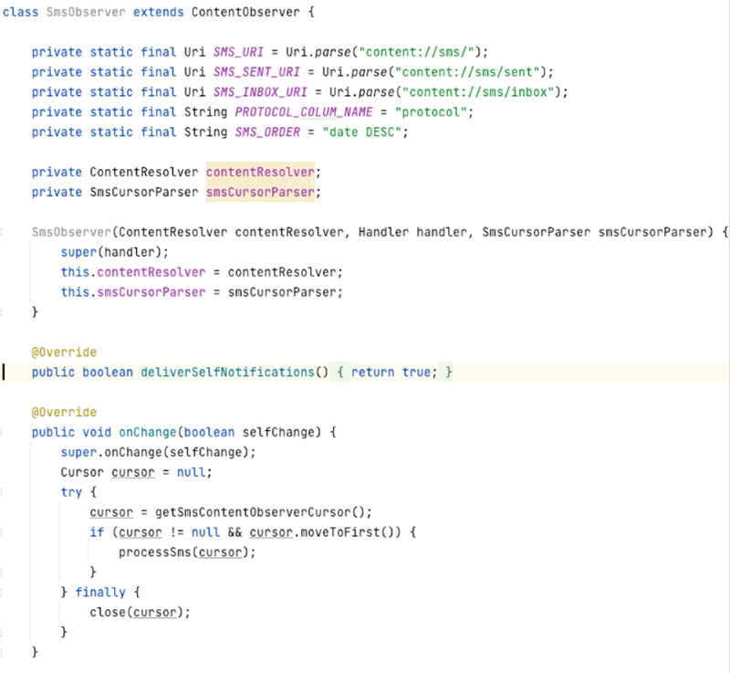 A screenshot of proof-of-concept code to demonstrate how the malware monitors for incoming SMS messages.