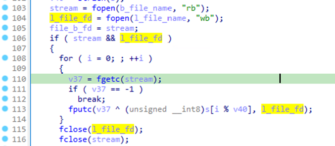 A screenshot of code where the malware decrypts the asset with the name "l_file_fd".