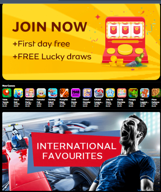 A screenshot of a website offering subscriptions to apps and premium services. There are two banners on the website, with the one above displaying the text "Join Now". The banner at the bottom displays sports-related images (football and car racing).