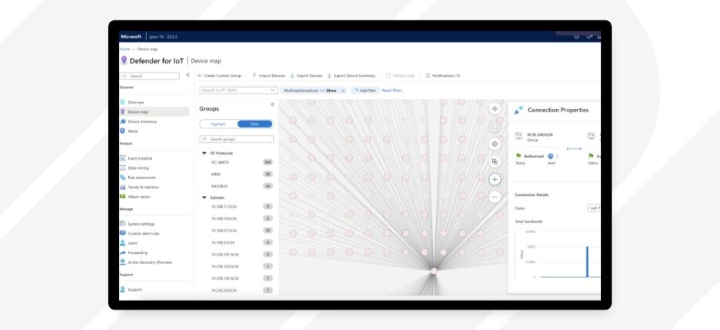 Defender for IoT user interface maps all discovered IoT and OT assets in a single view, allowing to monitor, sort, and uncover connections across devices.