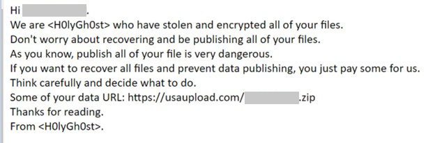A screenshot of the email sent by DEV-0530 as a ransom note to their targets. The email message tells the target to pay in order to recover their files. It also mentions a URL where they can access some of their data.