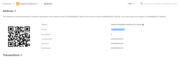 A screenshot from a Bitcoin explorer page presenting information on the attackers' Bitcoin wallet. The page shows that the Bitcoin wallet is empty.