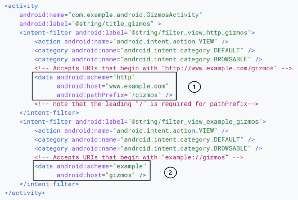 Code depicting an example of adding an intent filter in the app's manifest for deep linking
