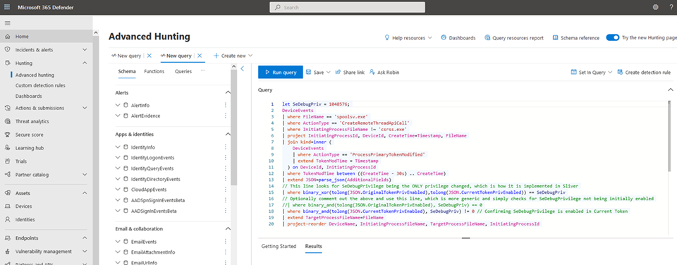 Screenshot of Microsoft 365 Defender's Advanced Hunting page running a hunting query.