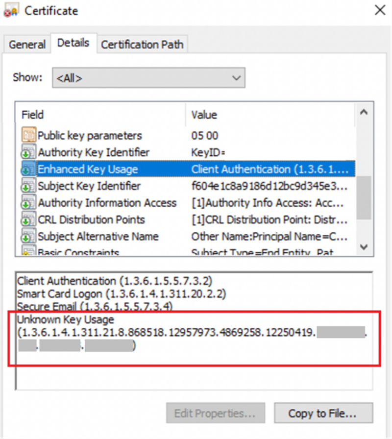 Screenshot of a user certificate's Details tab with the OID partially redacted.
