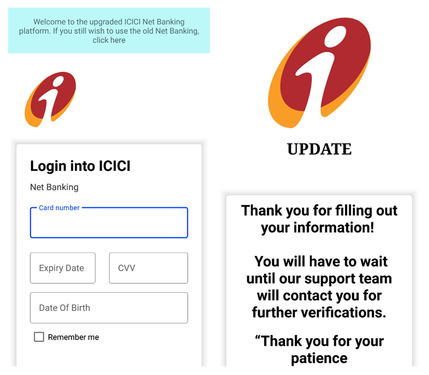 Screenshots of the fake app asking for the user's credit card information and message after user information has been supplied. The message adds to the fake app's supposed legitimacy.