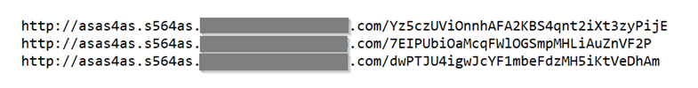 A screenshot of a list of dynamic URLs generated by the threat actor, with the domains obfuscated. Attackers hyperlinked the said URLs to images in spam messages.  