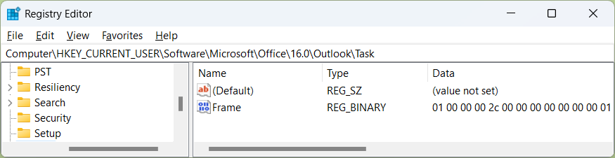Screenshot of registry key for a task