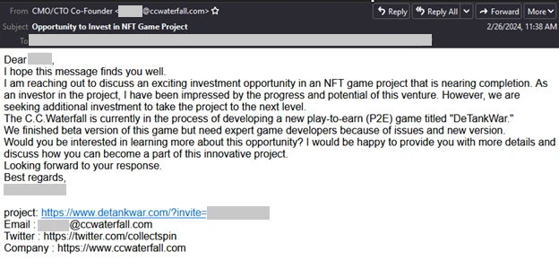Screenshot of email that Moonstone Sleet uses to distribute links to their malicious game