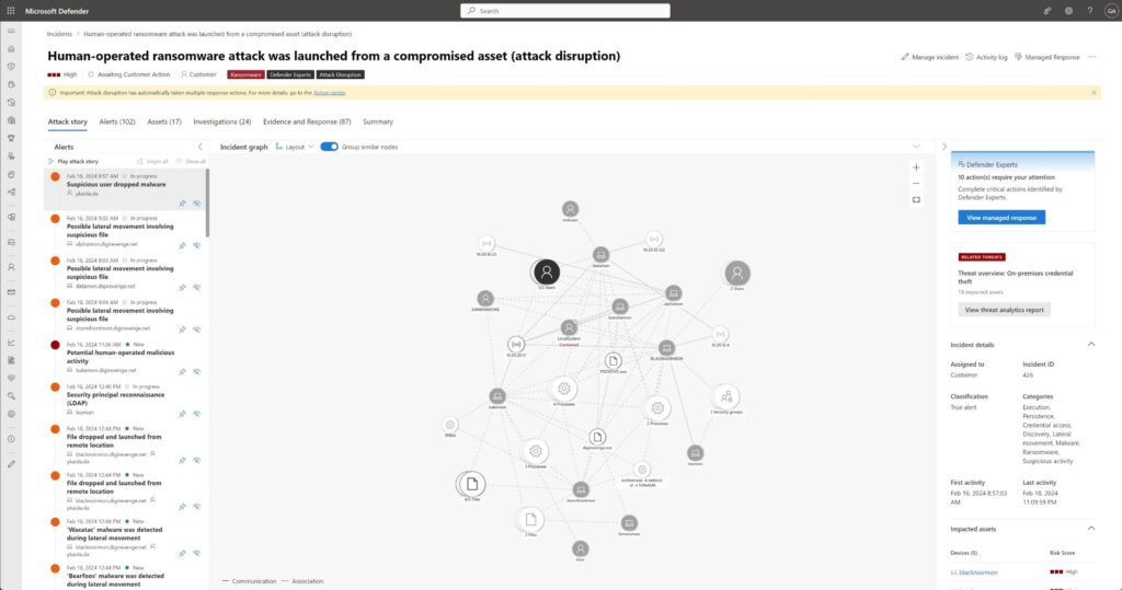 A summary attack graph, managed responses and attack disruption automatically handling this ransomware threat.