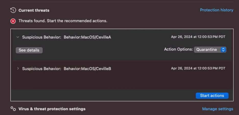 A screenshot of the Microsoft Defender for Endpoint alert preventing the anomalous modification to browser files. 