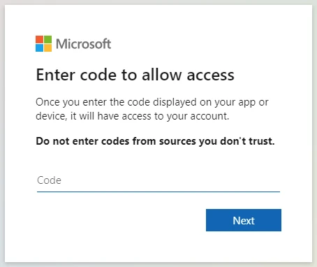 Screenshot of device code authentication page