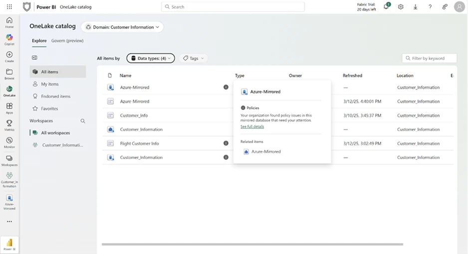 Purview DLP triggering a policy tip for a Mirrored database