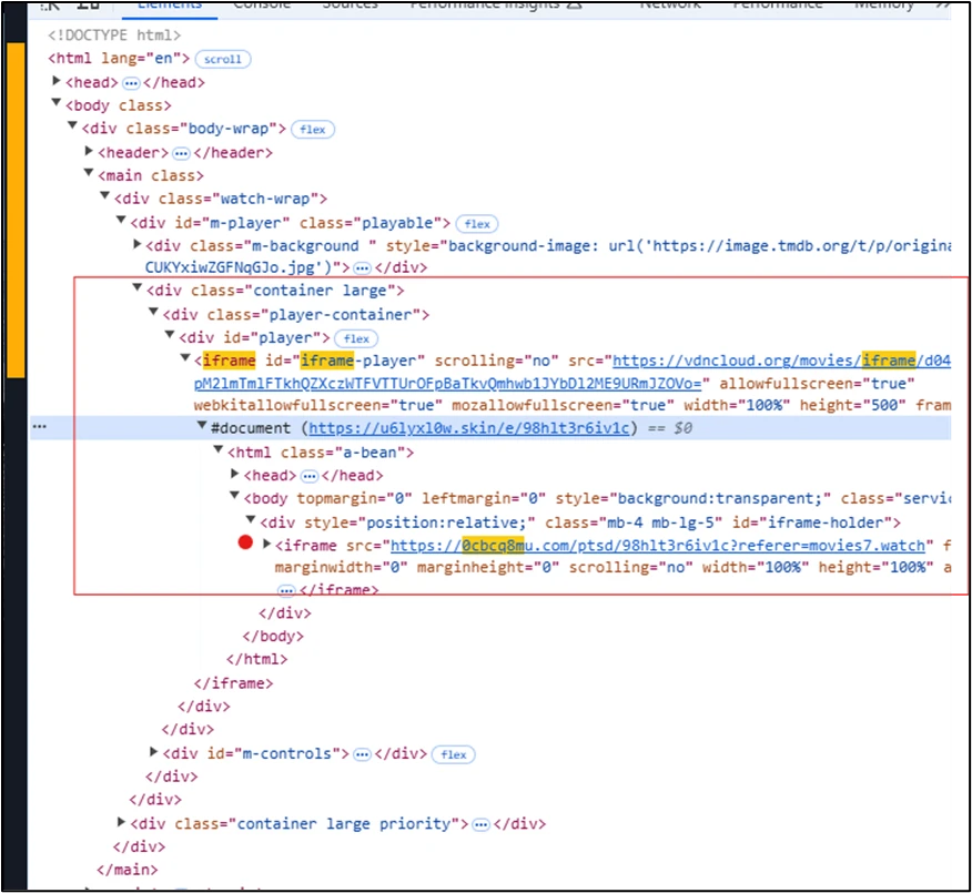 A screenshot of code from a streaming video website and iframe showing the malvertising redirector URL
