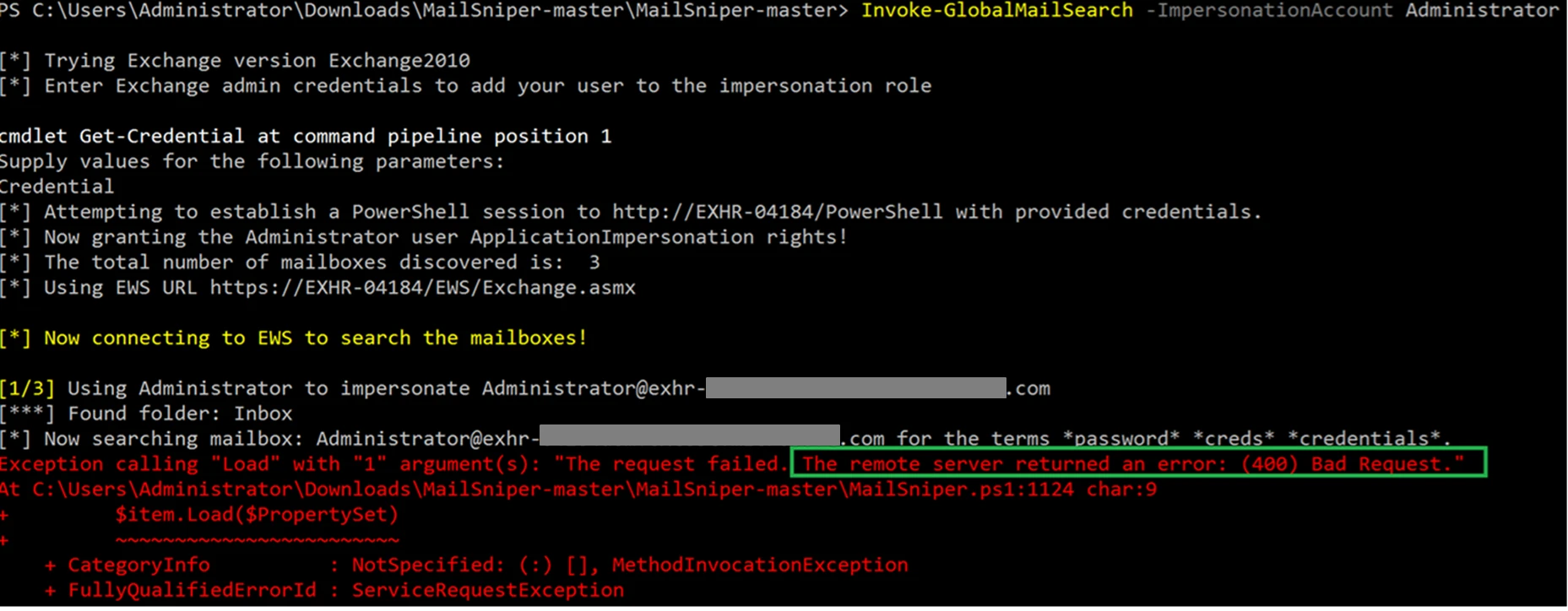 Screenshot of AMSI detecting mailbox exfiltration