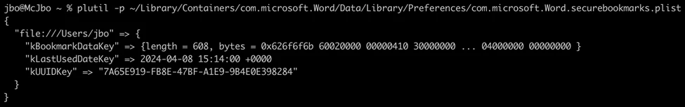 Screenshot of the secure bookmarks PLIST file saving the signed user choices with typical metadata