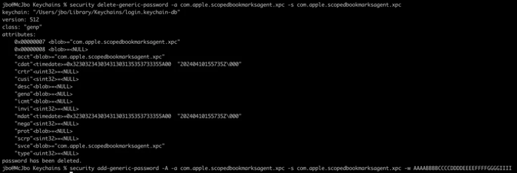 Screenshot of the deletion of the old security-scoped bookmarks secret and assigning a new one from within a sandboxed session