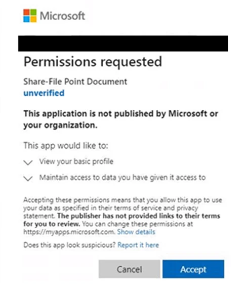 Screenshot of the OAuth app prompt requesting permissions for an unverified Share-File Point Document
