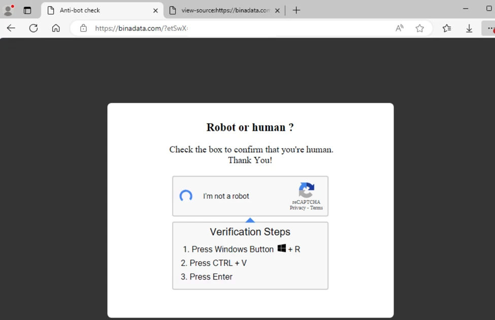 Screenshot of the ClickFix landing page requesting the user to prove whether they are a robot by following the instructions to launch a malicious command.