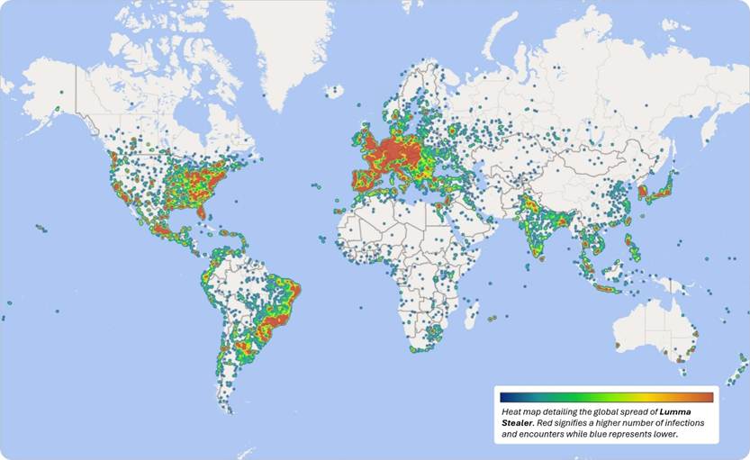 Heat map of Lumma Stealer infections around the world