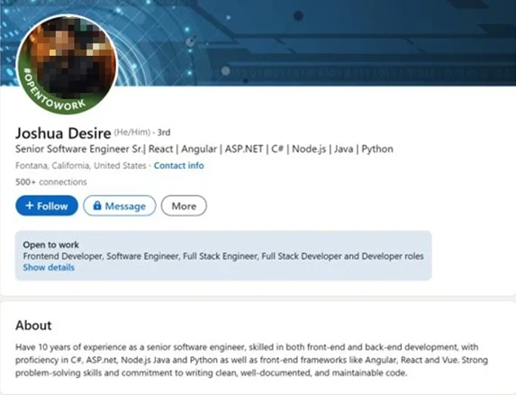Screenshot of a fake LinkedIn profile from a North Korean IT worker, claiming to be Joshua Desire from California as a Senior Software Engineer.