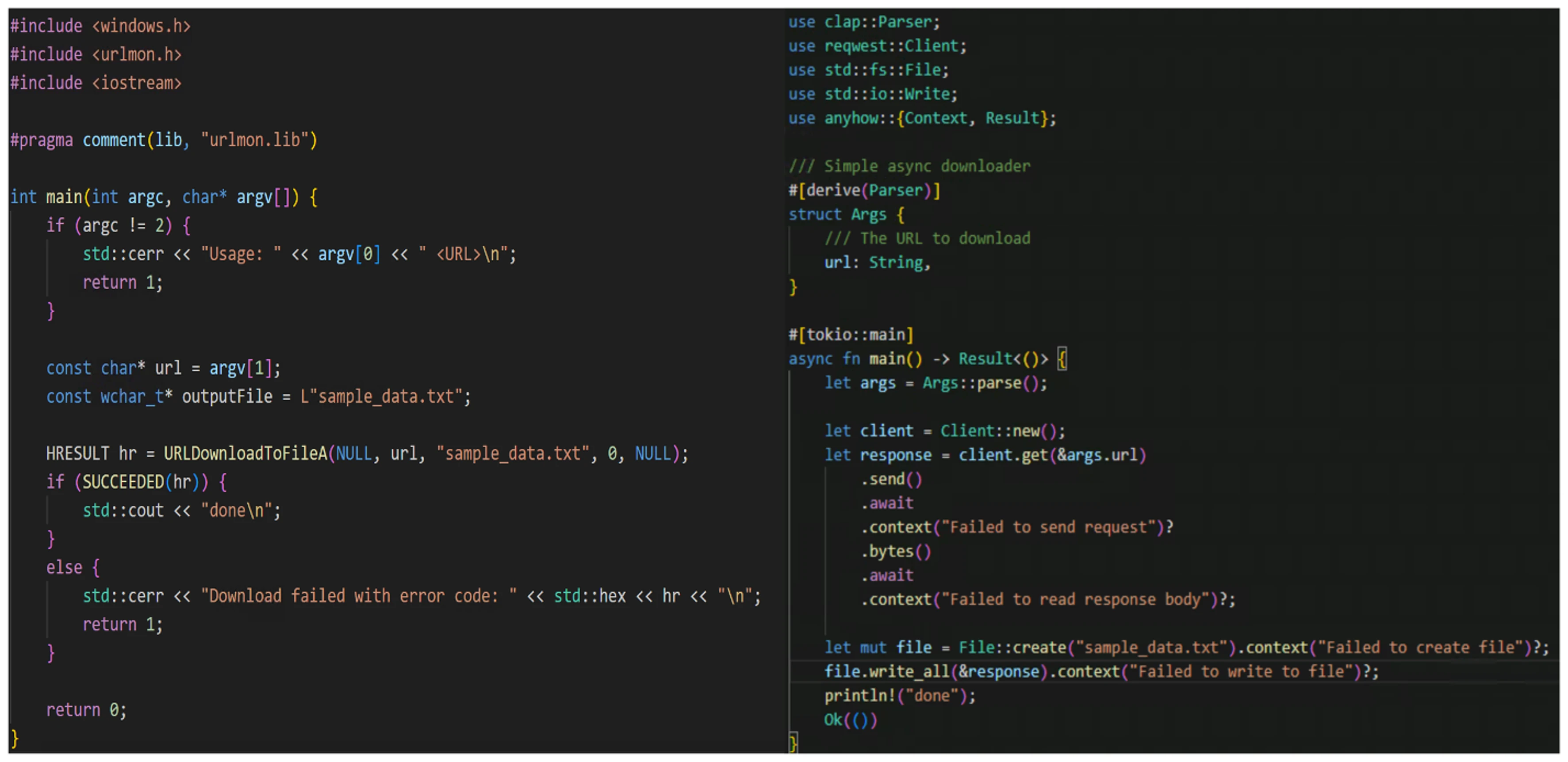 Screenshot of code depicting a simple downloader program in C++ (or CPP) to the left and Rust to the right.