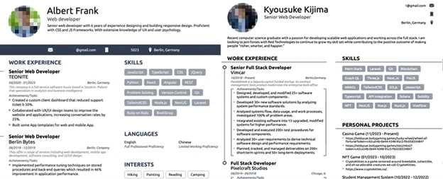 Two screenshots of North Korean IT worker resumes, which use different versions of the same photographed individual seen in Figure 5. 